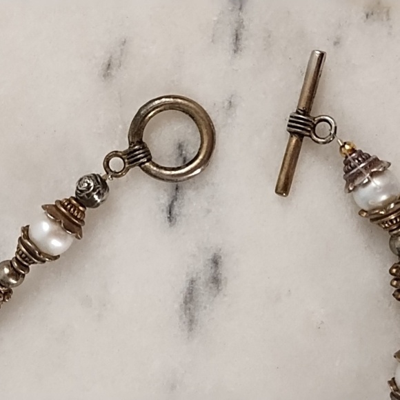 Vintage Antique Gold, Brass & Pearl Beaded Necklace With Toggle Clasp - Picture 7 of 9